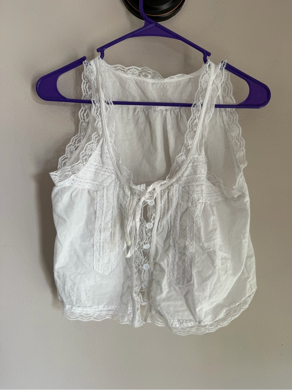 White 100% Cotton Lace Trim Tie-Front Cami Tank Top Size XS - Cottagecore